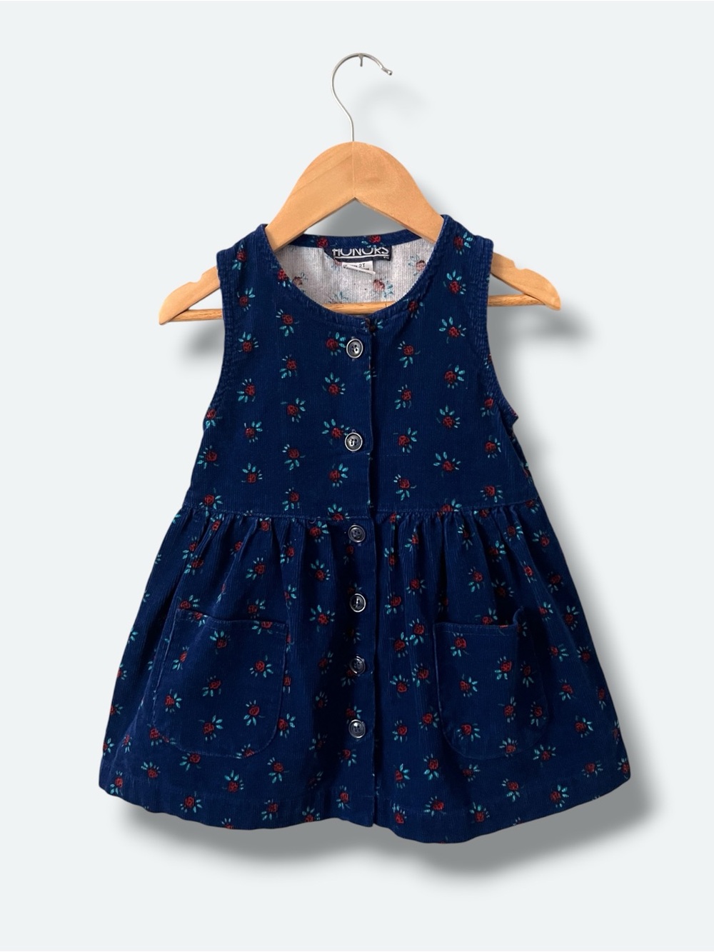 Vintage Honors Corduroy Jumper Dress Girls 2T Navy Floral Button Front Pockets
